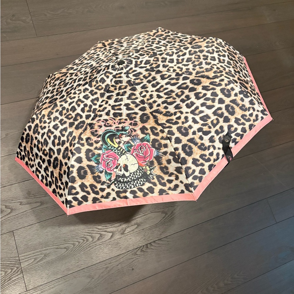 Ed Hardy - Leopard Print Umbrella with Skull and Roses